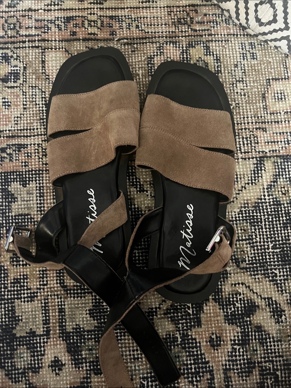 Matisse Taupe and Black Suede Slide Sandals